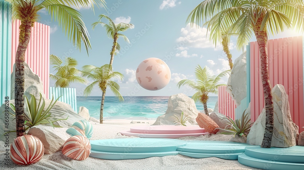 Obraz premium Podium Summer and Travel Time 3D Render Illustration