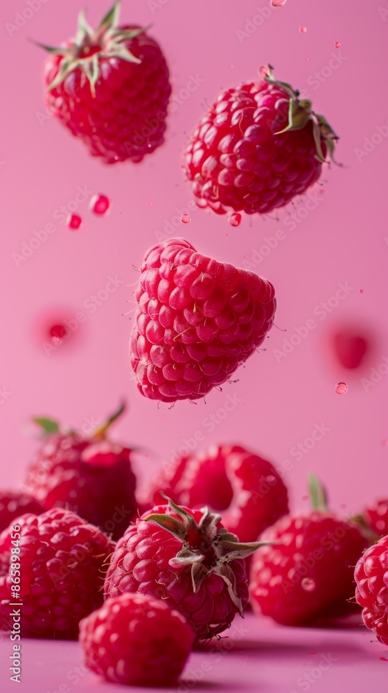 Levitating raspberry cut pieces separated pastel Levitating raspberry cut pieces separated pastel