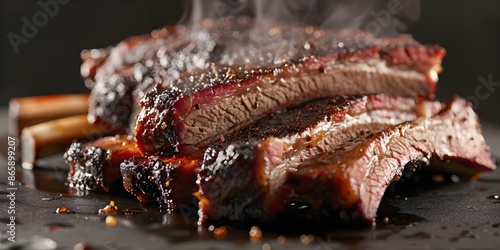 Texas barbecue beef brisket ribs with dark crust steaming and fragrant. Concept Texas Barbecue, Beef Brisket, Ribs, Dark Crust, Fragrant photo