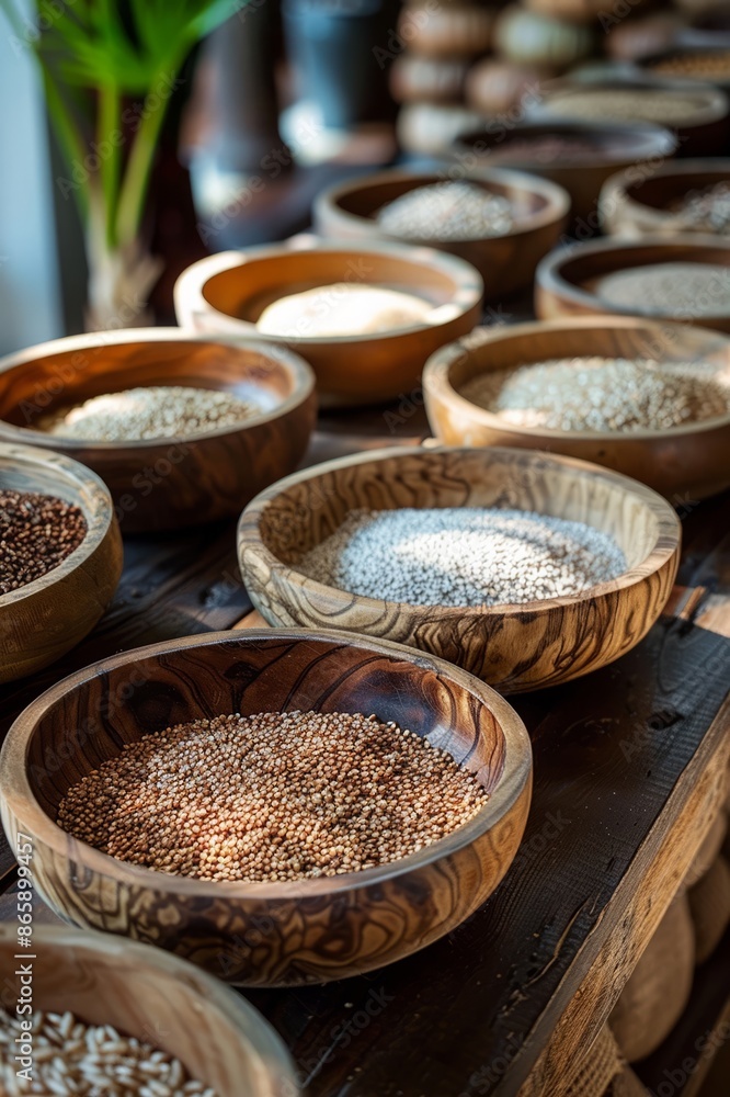Fototapeta premium A Rustic Display of Various Grains in Wooden Bowls at a Market Stall