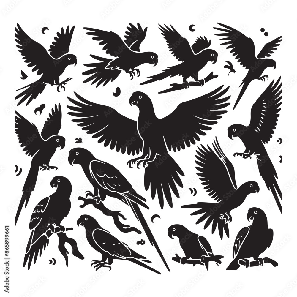 Obraz premium SVG Black silhouettes of parrots on a white background