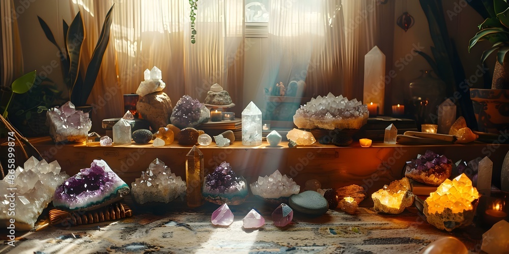 Mystical energy healing room with esoteric altar and variety of crystals. Concept Mystical Decor, Energy Healing, Esoteric Altar, Crystal Collection, Holistic Environment Mystical energy healing room with esoteric altar and variety of crystals. Concept Mystical Decor, Energy Healing, Esoteric Altar, Crystal Collection, Holistic Environment
