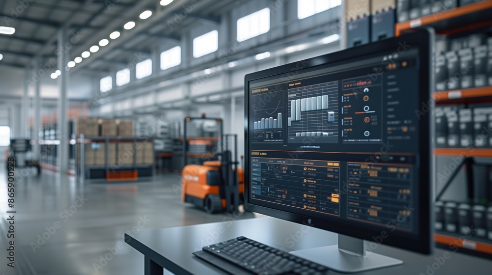 High-Tech Warehouse with Logistic Analytics. Modern warehouse environment with a computer display showing logistic analytics, enhancing inventory and shipment management efficiency. High-Tech Warehouse with Logistic Analytics. Modern warehouse environment with a computer display showing logistic analytics, enhancing inventory and shipment management efficiency.