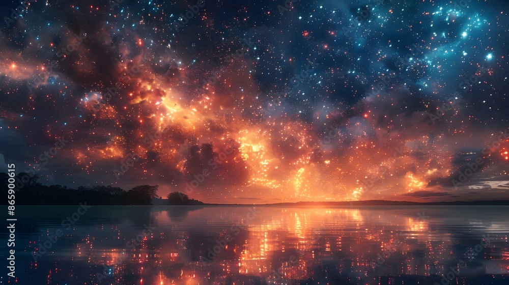 Fototapeta premium Great fireworks, vivid colors, night sky, reflection in the water
