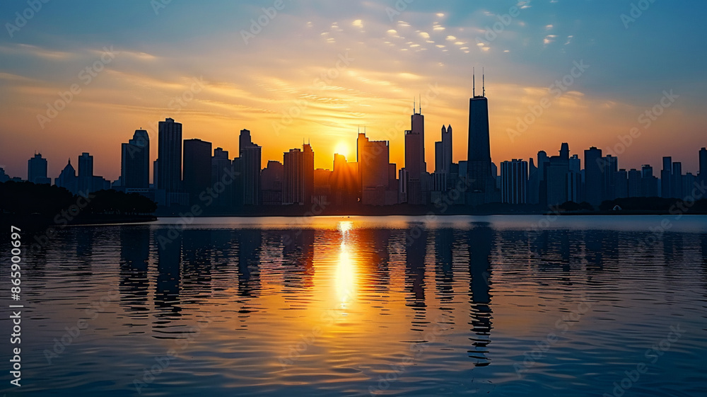 Obraz premium Cityscape silhouette reflects sunset on modern skyscrapers, AI Generative.