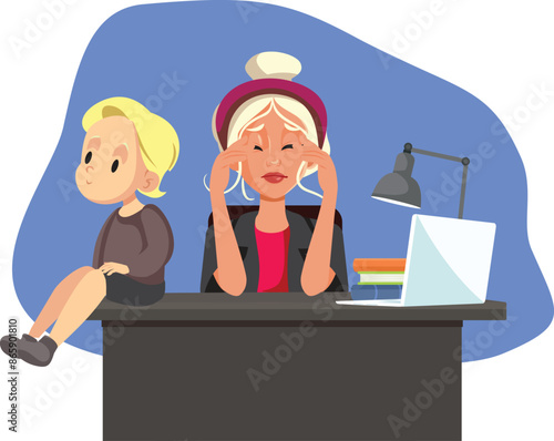 Working Mom Being Bothered by her Toddler Kid Vector Illustration. Stressed businesswoman feeling overwhelmed working from home
