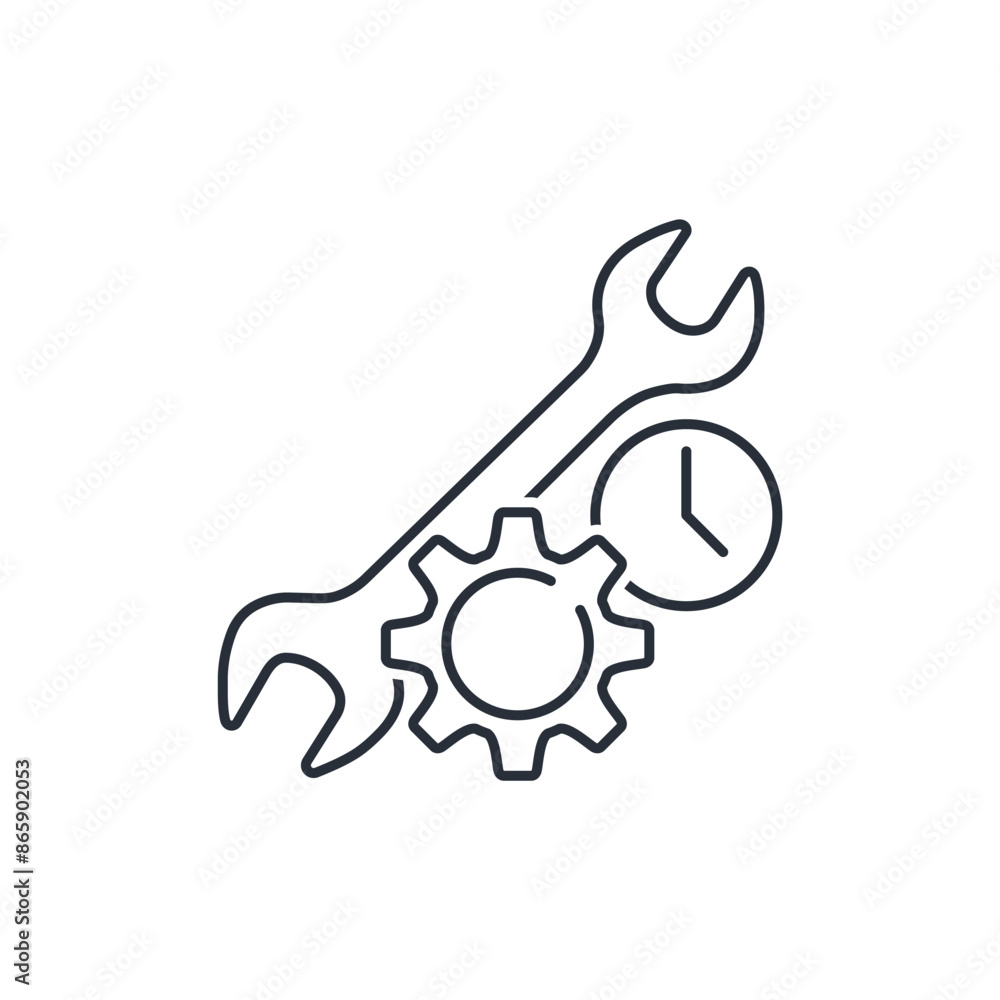 Facility management services. Scheduled maintenance, technical control time. Vector linear icon isolated on white background. Facility management services. Scheduled maintenance, technical control time. Vector linear icon isolated on white background.