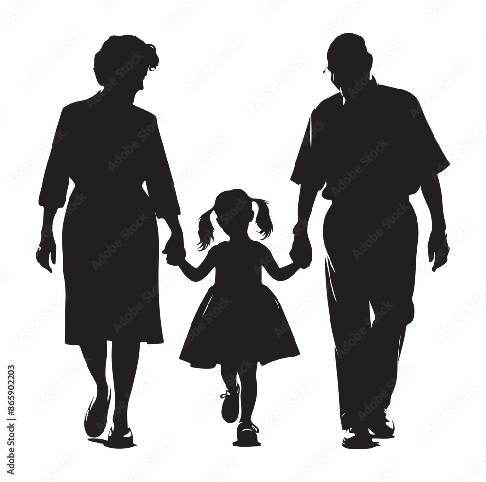 grandparents walking with granddaughter Silhouette vector Illustration. grandparents walking with granddaughter Silhouette vector Illustration.
