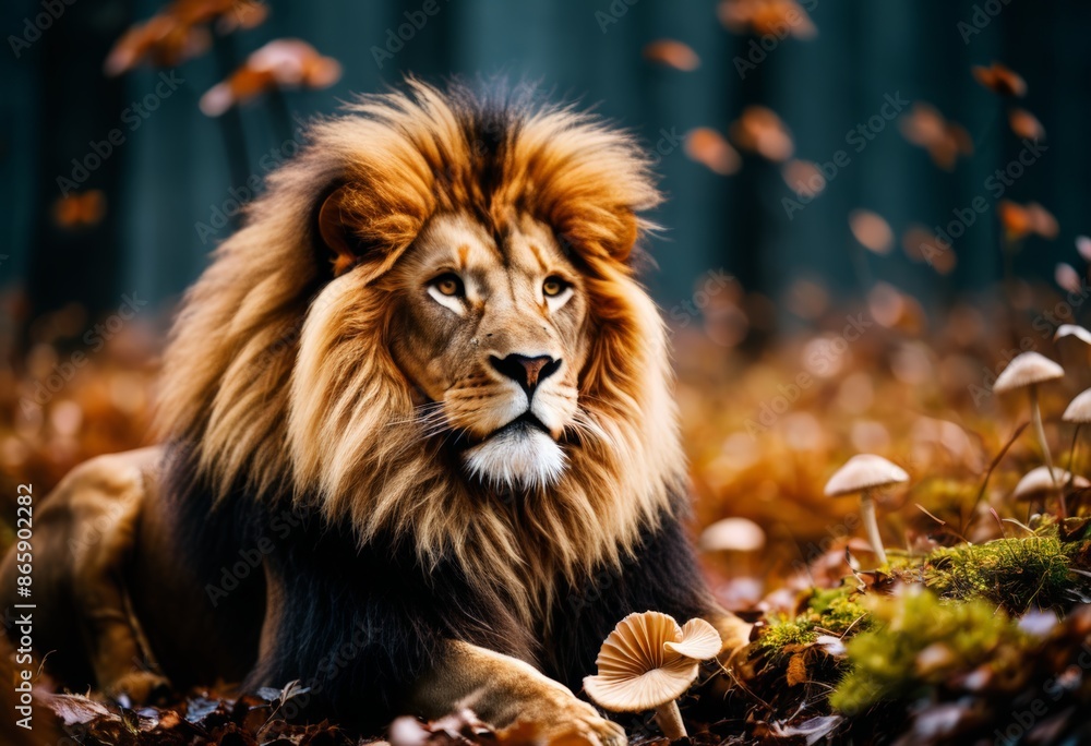Fototapeta premium A lion with a bushy mane in an autumn forest. The king of beasts. Africa. Image of animals. Banner poster background postcard. Copy space