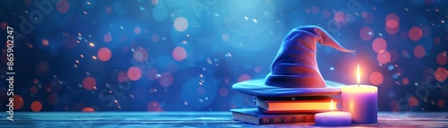 Magical wizard hat and spell books with colorful candles, Enchanting, Fantasythemed, Digital Art, Vibrant colors, High detail, Mystical atmosphere photo