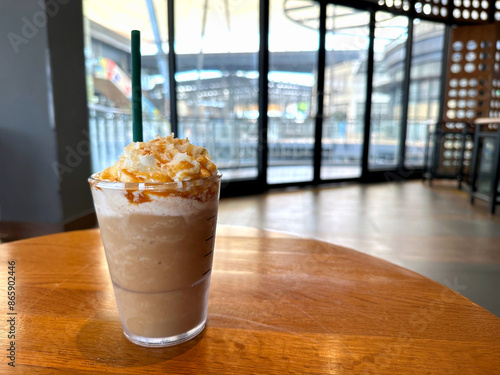 Caramel Macchiato Shake Popular blended coffee menu in coffee shops. photo