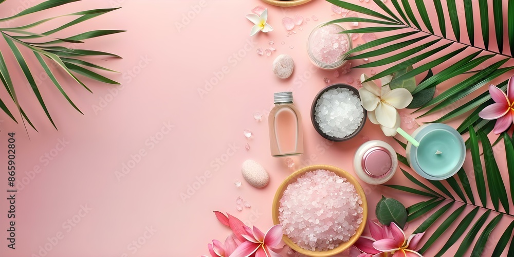 Flat lay of spa body care products on pink background. Concept Spa, Body Care, Products, Flat Lay, Pink Background Flat lay of spa body care products on pink background. Concept Spa, Body Care, Products, Flat Lay, Pink Background