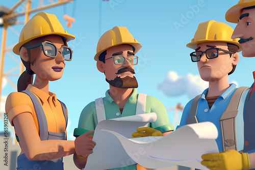 Industrial workers in 3D Animation cartoon style, gathered around blueprints and discussing project plans on a job site photo