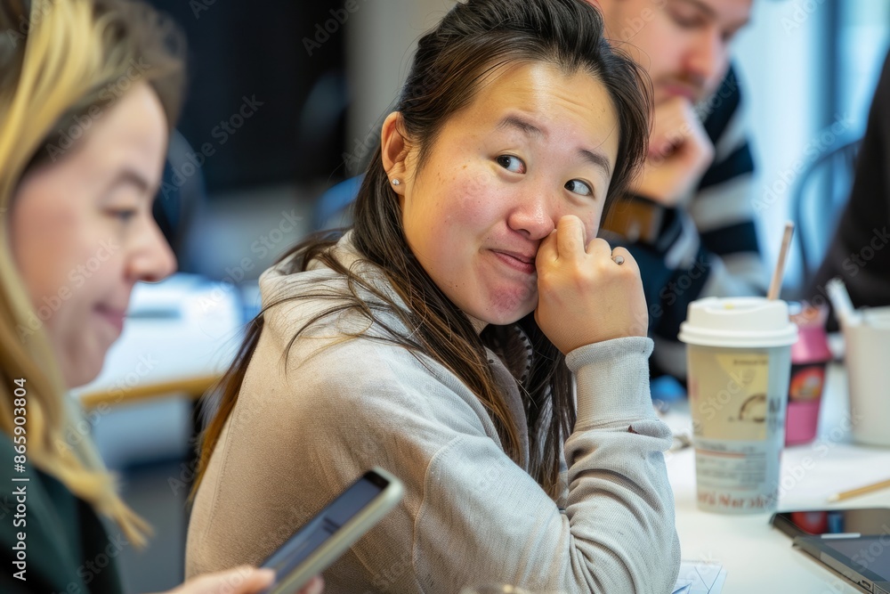 Professional Photography of a team member caught sneaking a peek at their phone during a meeting, Generative AI Professional Photography of a team member caught sneaking a peek at their phone during a meeting, Generative AI