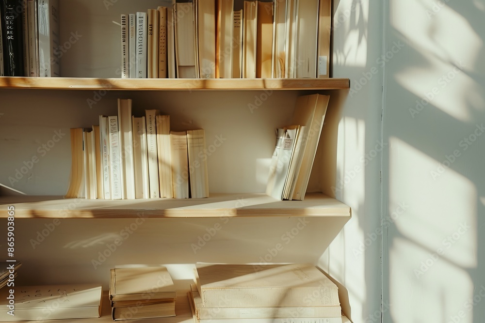 Sunlit books on wooden bookshelf