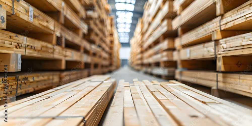 Towering shelves in a lumber warehouse. Concept Industrial, Storage Solutions, Lumber Industry, Warehouse Organization