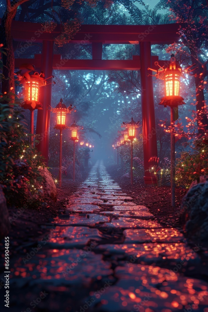 Obraz premium Pathway with lanterns lit up at night