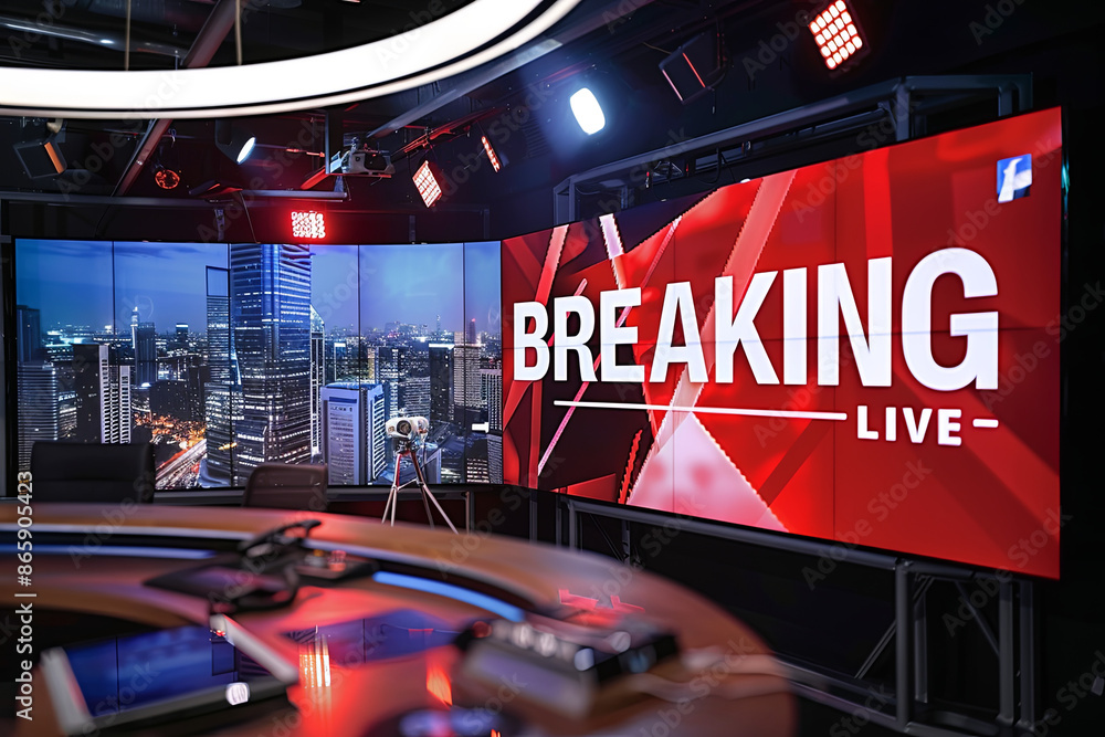 Obraz premium News set studio with a giant monitor displaying