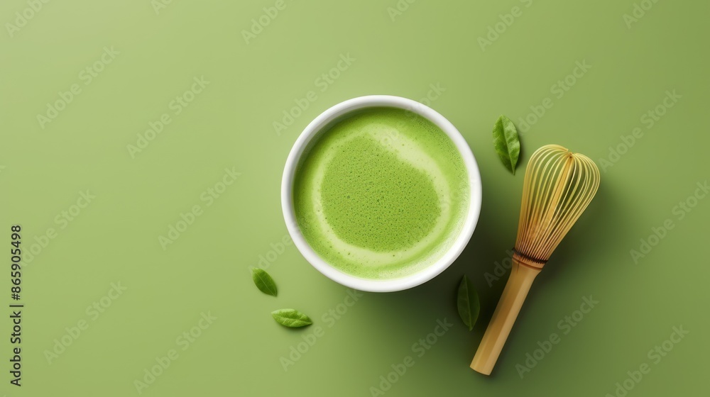 Top view Hot green tea latte with green leaves Top view Hot green tea latte with green leaves