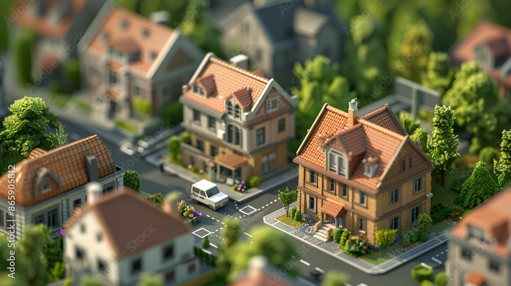 A miniature model of a suburban neighborhood, showcasing detailed houses, streets, and greenery in a charming, picturesque setting. A miniature model of a suburban neighborhood, showcasing detailed houses, streets, and greenery in a charming, picturesque setting.