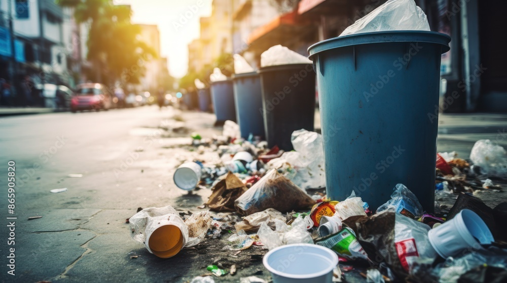 Fototapeta premium Trash cans on the street with garbage 