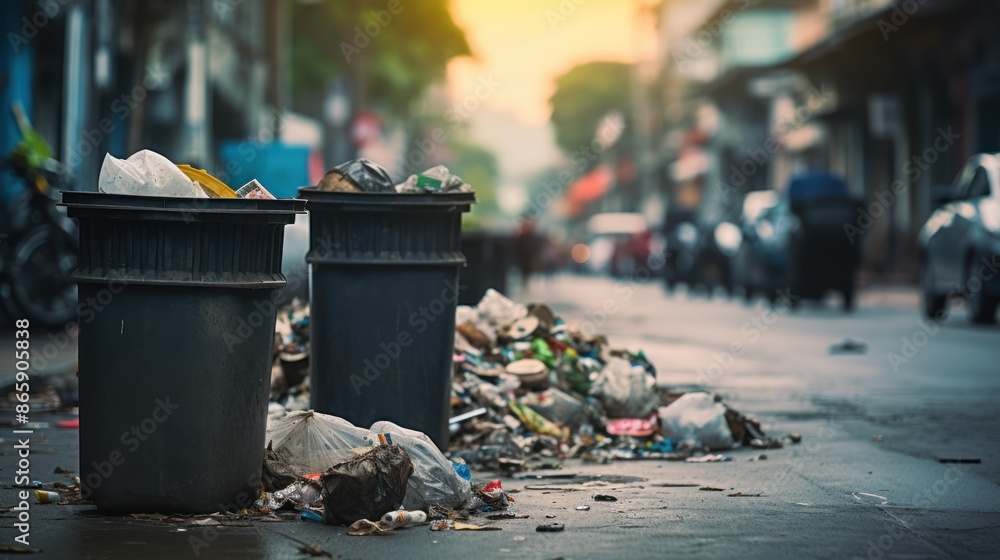 Trash cans on the street with garbage Trash cans on the street with garbage