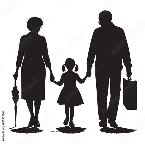 grandparents walking with granddaughter Silhouette vector Illustration. 