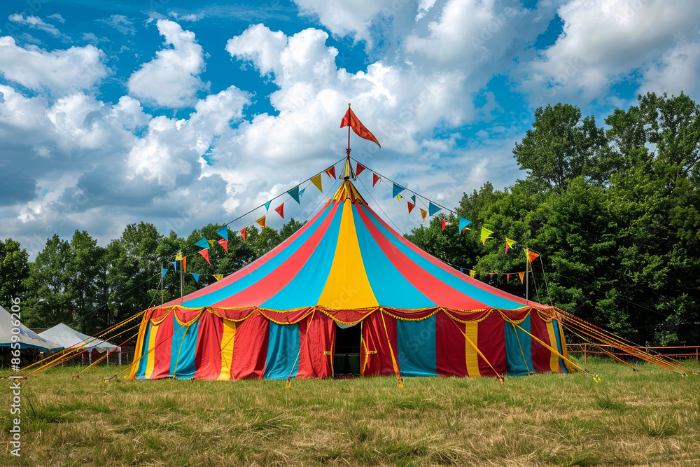 Colorful circus tent on a green meadow, fun and entertainment Colorful circus tent on a green meadow, fun and entertainment