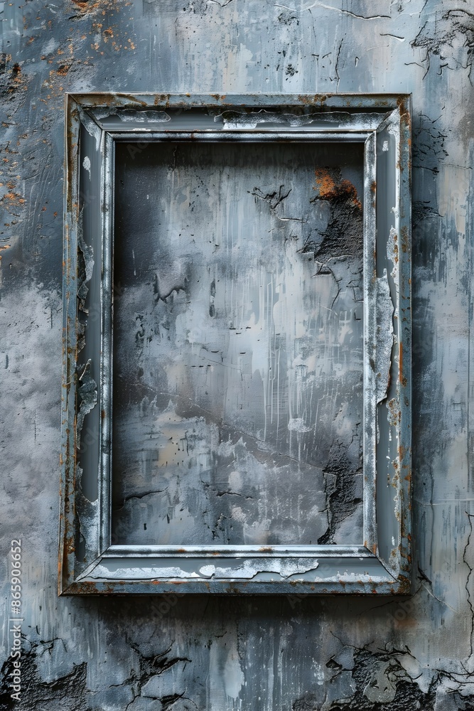 Naklejka premium Weathered Metal Frame Against Textured Concrete Wall - Gritty Industrial Aesthetic