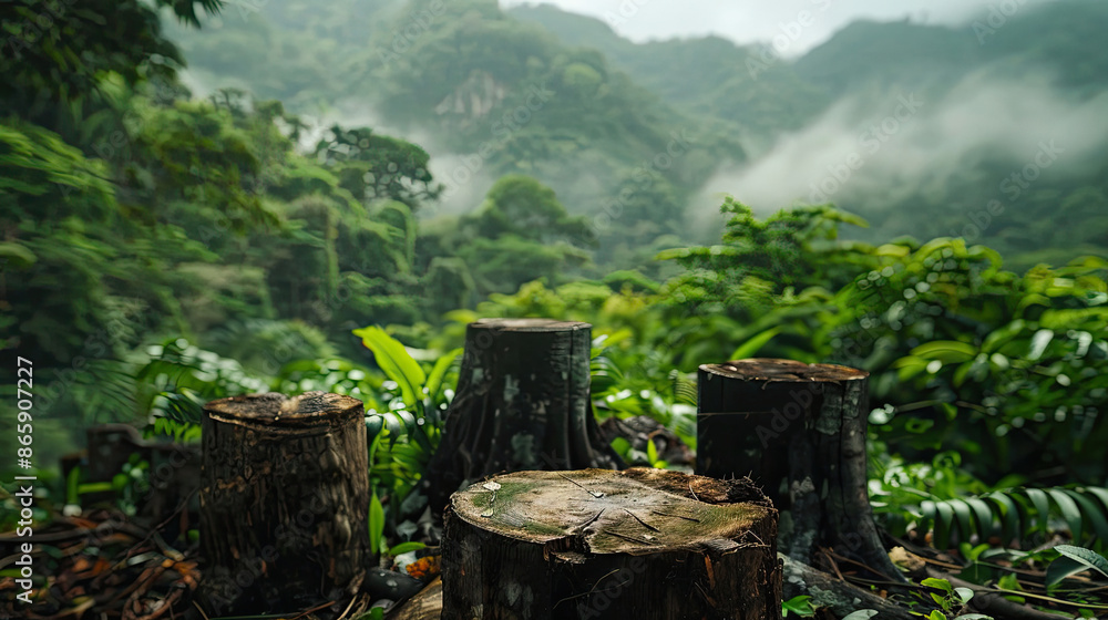 Obraz premium Tree stumps are in a forest, deforestation concept