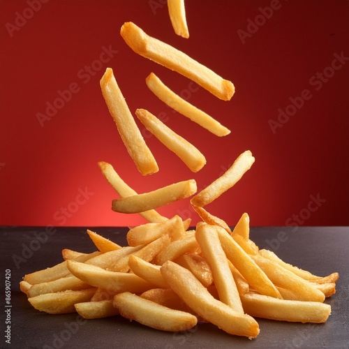 French fries being dropped into large pile of fries on black counter with red studio background