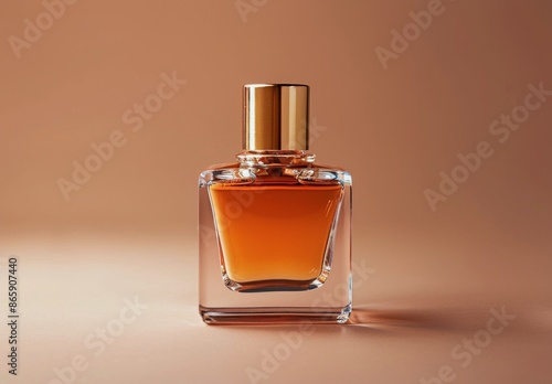 Glass Perfume Bottle With Gold Cap On Orange Background