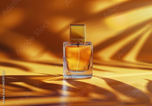 Glass Perfume Bottle With Gold Cap On Orange Background