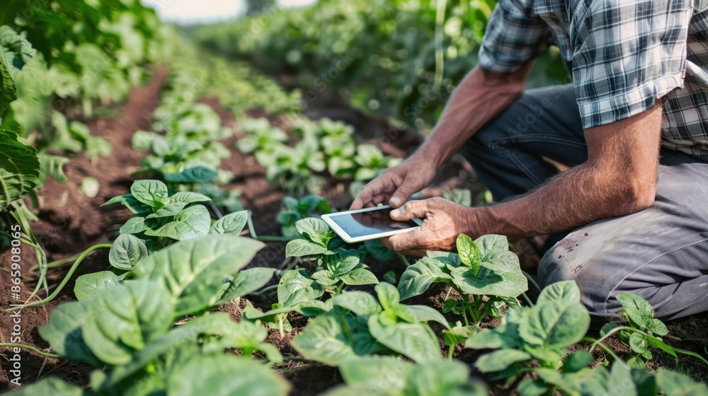 A farmer using a tablet to monitor organic crops A farmer using a tablet to monitor organic crops
