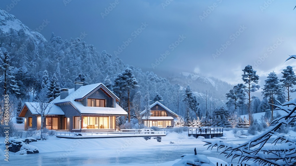 Naklejka premium Thermal insulated homes in a snowy landscape
