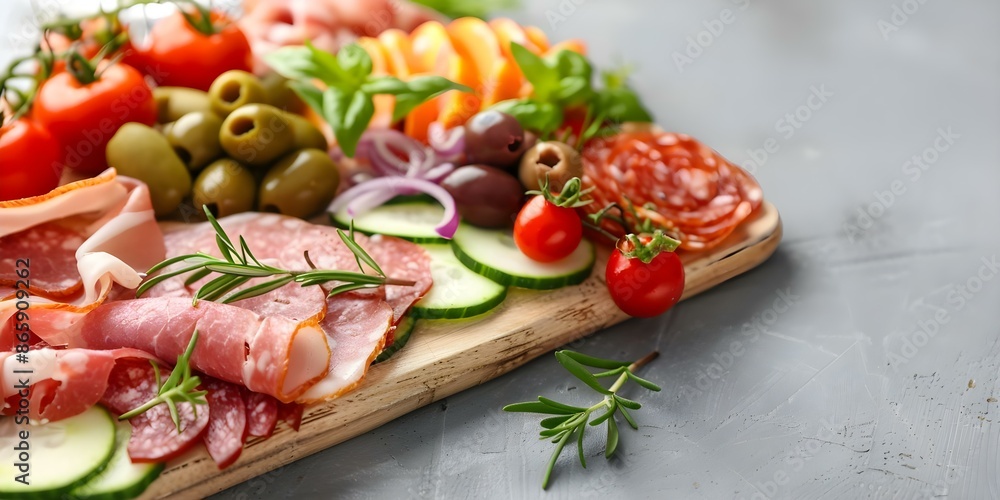Assorted deli meats, veggies, and olives on a wooden board close-up flat lay view. Concept Food Photography, Deli Meats, Mediterranean Cuisine, Culinary Composition, Flat Lay Styling Assorted deli meats, veggies, and olives on a wooden board close-up flat lay view. Concept Food Photography, Deli Meats, Mediterranean Cuisine, Culinary Composition, Flat Lay Styling