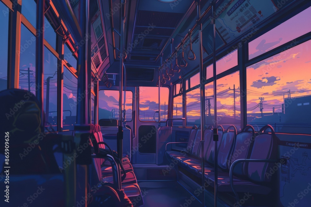 A bus journey past fields of lavender in full bloom, cozy vibe, Generative AI A bus journey past fields of lavender in full bloom, cozy vibe, Generative AI