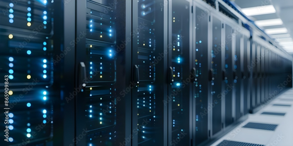 Ensuring Computer Security with Secure Server Racks in a Network Data Center. Concept Data Center Security, Server Rack Protection, Network Safety, Cyber Security Measures Ensuring Computer Security with Secure Server Racks in a Network Data Center. Concept Data Center Security, Server Rack Protection, Network Safety, Cyber Security Measures