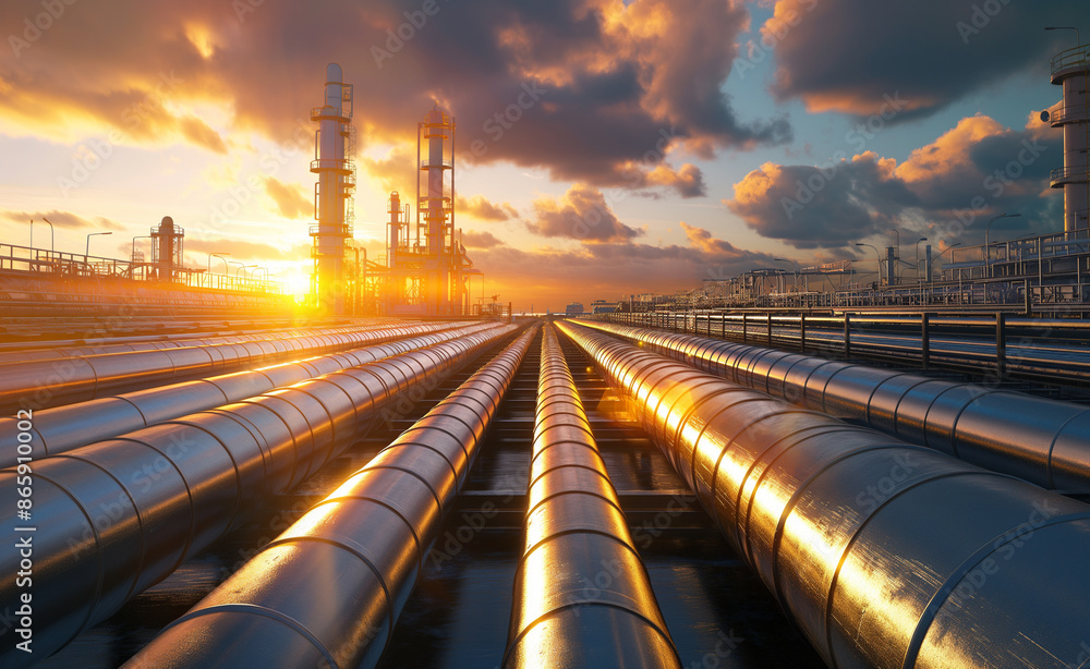 Industrial pipes illuminated by the warm glow of the setting sun. Industrial pipes illuminated by the warm glow of the setting sun.