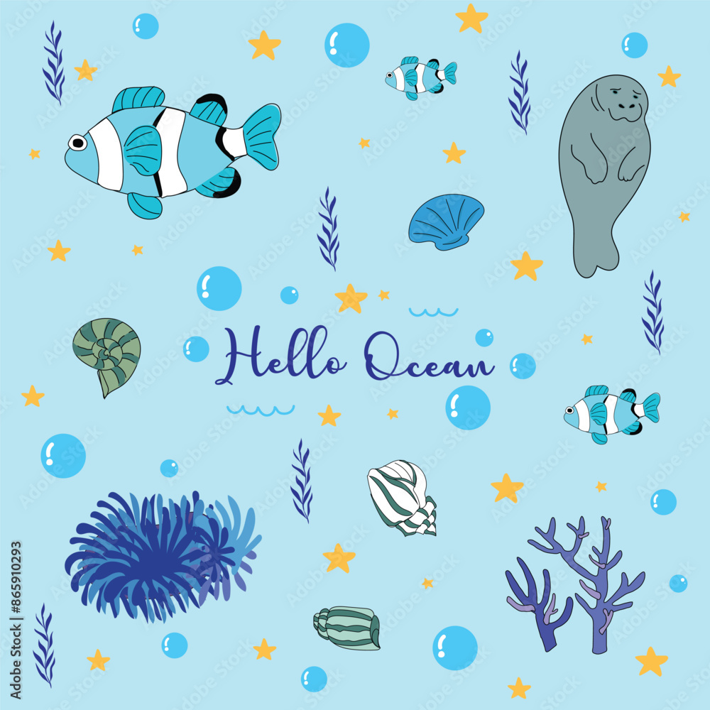 Naklejka premium Bright and colorful illustration of various marine creatures with 