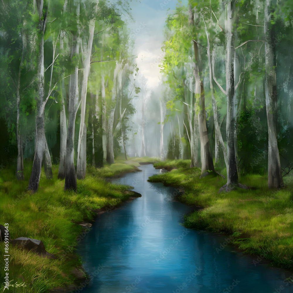Obraz premium A serene and picturesque scene of a flowing river in a lush, vibrant spring forest. The crystal-clear water meanders through the scene, reflecting the stunning hues of the blossoming flora. Majestic t