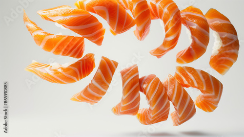 Hovering Sake Sashimi: Circle of Pink Salmon Slices on White Background photo