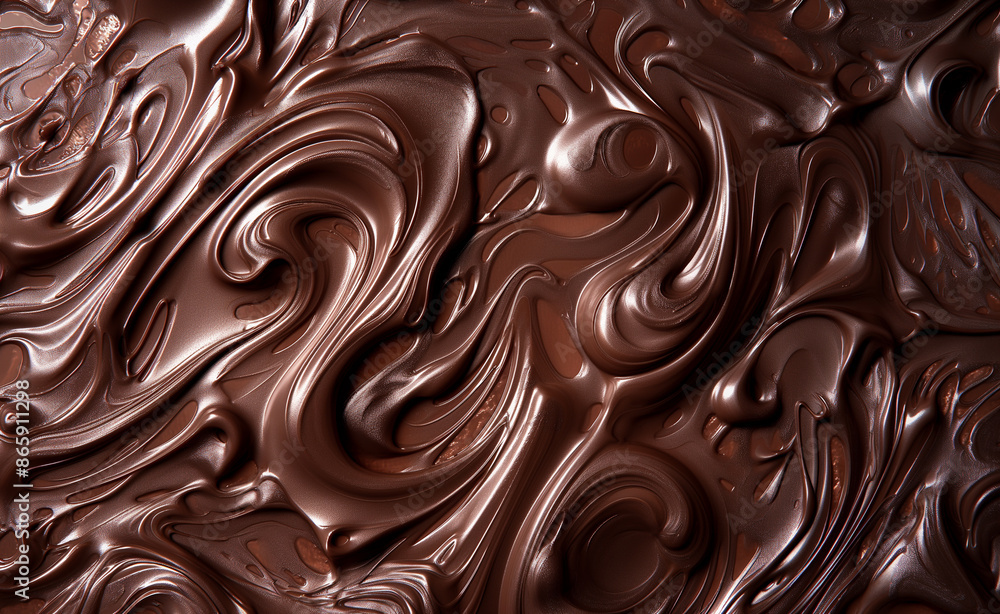 A close-up of smooth, swirled melted chocolate with rich texture and shine. A close-up of smooth, swirled melted chocolate with rich texture and shine.