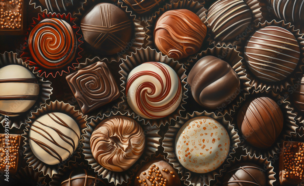 An assortment of beautifully crafted gourmet chocolates in various shapes and designs. An assortment of beautifully crafted gourmet chocolates in various shapes and designs.