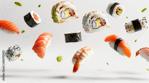 Flying Sushi Nigiri - White Background, Minimalist Japanese Food Art