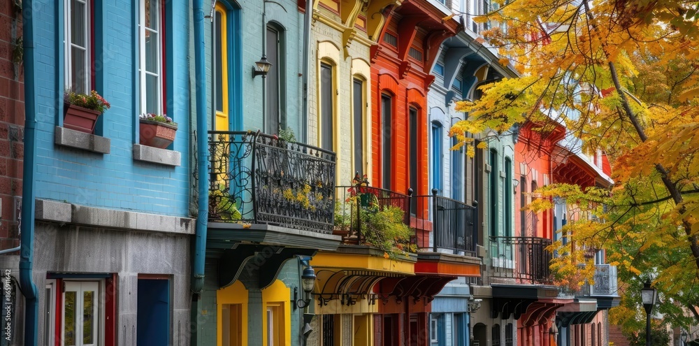Fototapeta premium Colorful Row of Houses with Balconies - Photo