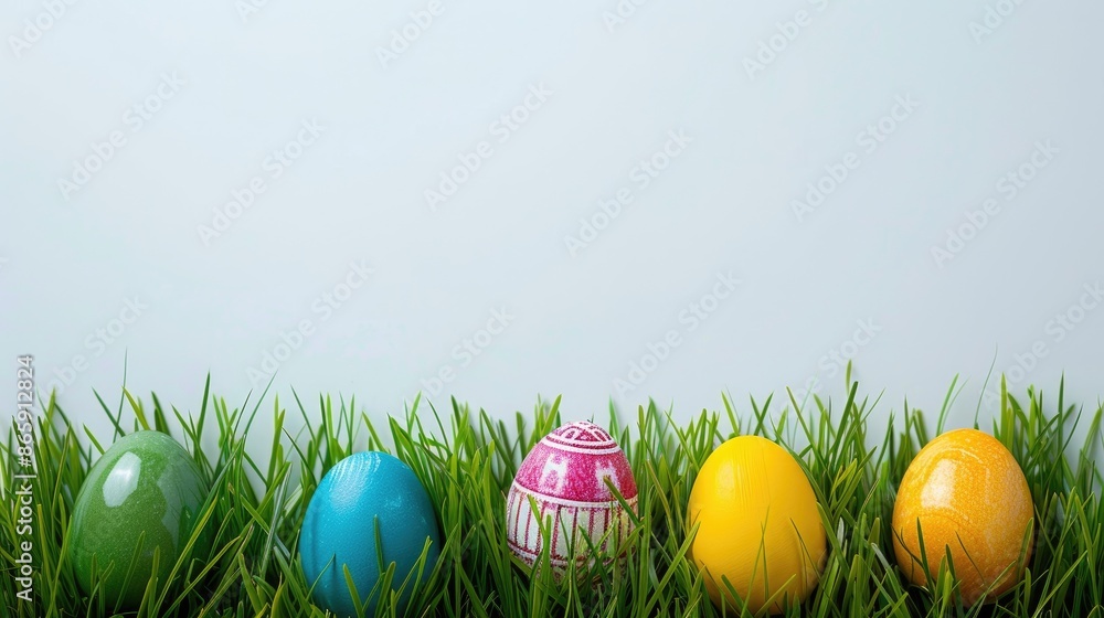 Fototapeta premium Green grass with space for text showcasing lovely Easter eggs