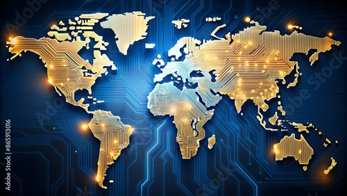 Golden Circuit Board World Map on Digital Blue Background