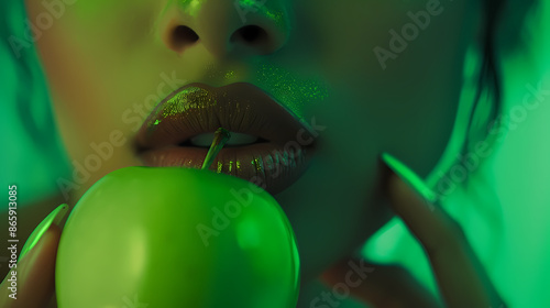 A close-up photograph of a woman with glossy lips gently holding a green apple, with a soft green illumination creating a captivating and sensual visual aesthetic. photo