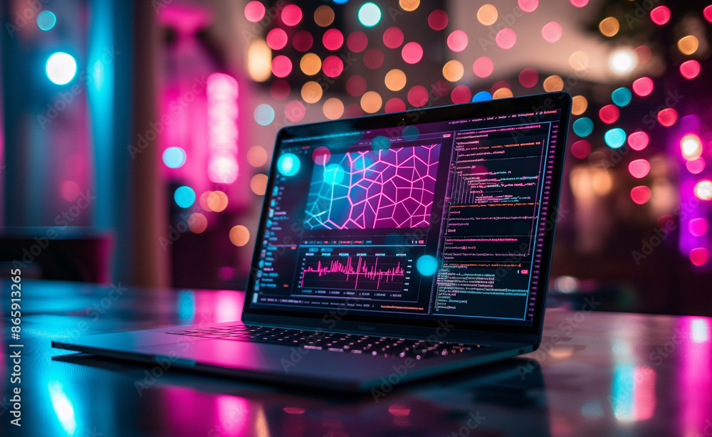 A laptop displaying futuristic data analysis on its screen in a neon-lit room. A laptop displaying futuristic data analysis on its screen in a neon-lit room.